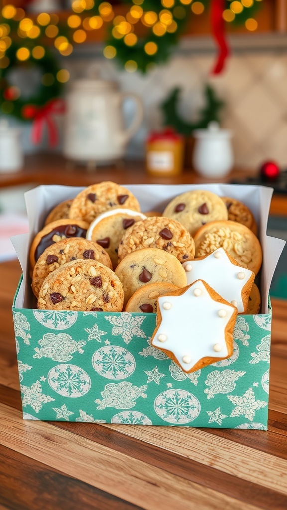 An assortment of homemade cookies in a decorative gift box, showcasing chocolate chip, oatmeal raisin, and sugar cookies.